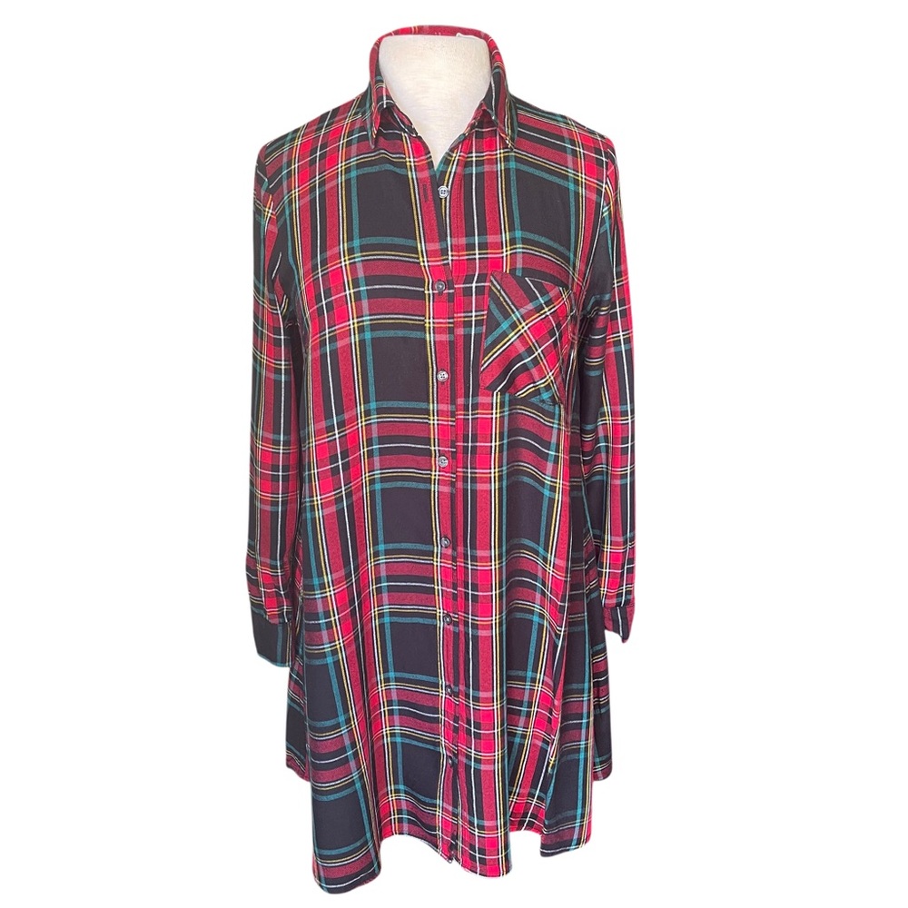 Old Navy Women's Multicolor Plaid Long Sleeve Button Down Tunic Swing Shirt Sz S